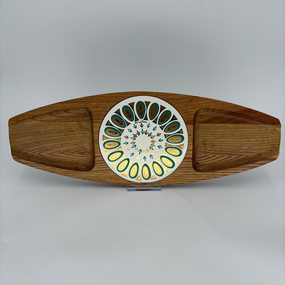Vintage Fred Press Sere Wood Serving Tray MCM Ceramic Inlay Appetizer Platter